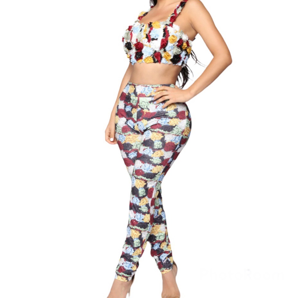 FASHION NOVA Valley Girl Floral Pant Set Multicolor Cropped Padded Top 2X NEW